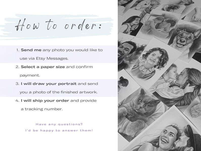 May include: An instructional graphic titled How to order with four numbered steps for commissioning custom artwork, accompanied by a collage of black and white pencil portraits featuring people and pets on the right side of the image.