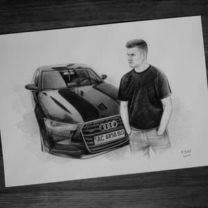 Custom Car Portrait from Photo, Graphite Pencil Drawing – Personalized Auto Gift for Him, Hand drawn Car