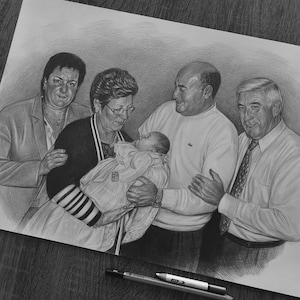 May include: A graphite pencil drawing on paper depicting a group of four adults and an infant. The composition shows a woman in a blazer, a woman holding a baby in a gown, a man in a long-sleeved shirt, and a man in a collared shirt and tie.