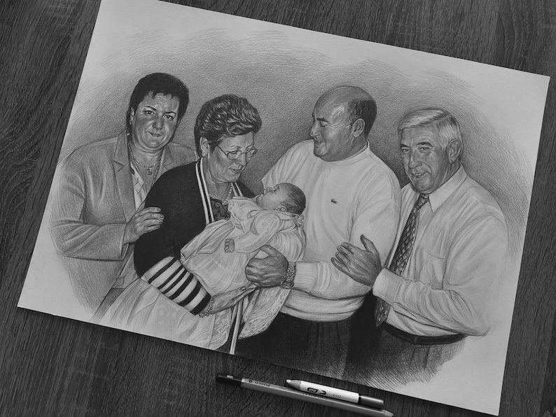 May include: A graphite pencil drawing on paper depicting a group of four adults and an infant. The composition shows a woman in a blazer, a woman holding a baby in a gown, a man in a long-sleeved shirt, and a man in a collared shirt and tie.