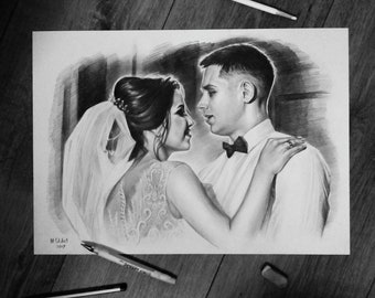 Bleistiftzeichnung vom Foto, Realistisches Portrait für Familie und Freunde, Hochzeitsportrait