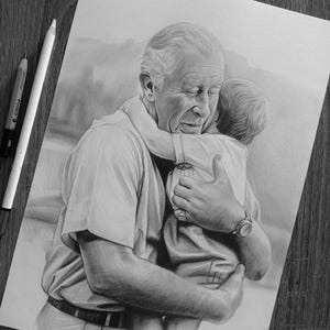 May include: A black and white graphite pencil drawing on paper depicting an older individual with short hair wearing a short-sleeved shirt and a wristwatch, embracing a small child. Two drawing pencils are positioned on the left side of the paper.
