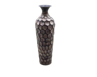 Handmade Vintage Tall Metal Vase – Bronze Hammered Honeycomb Pattern Vase, Textured Metal Vase