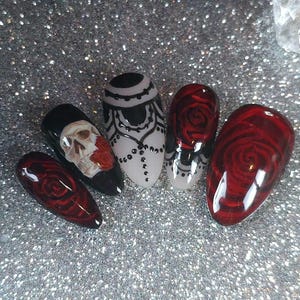 Gothic Red Rose & Skull Press-On Nails | Handmade Luxury Nail Art | Alternative Dark Elegance