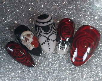 Gothic Red Rose & Skull Press-On Nails | Handmade Luxury Nail Art | Alternative Dark Elegance