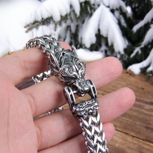 Pulsera de acero con cabeza de lobo nórdico vikingo /Accesorios punk para hombre / Regalo para él - Novio, Padre, Cónyuge / Cadena de estilo