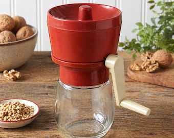 Vintage 70's Gemco Glass Nut Grinder Chopper Hand Crank Red Lid Kitchen Tool USA