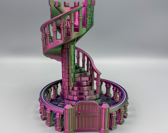 May include: A 3D printed spiral staircase with a green and purple iridescent finish. The staircase has a small door at the bottom and is surrounded by a railing.