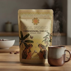 May include: A beige stand-up pouch of Sol Food Ceremonial Cacao Criollo-Peru. The packaging features a sun icon, a butterfly, and an illustration of two figures holding a small cup. Text includes Organic, Gluten Free, and Ethically Sourced.