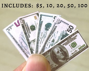 Dollhouse Craft Supplies | 1/6 Dollhouse Miniature Paper Money, Includes 5, 10, 20, 100 bills, 5 stacks (75 bills)