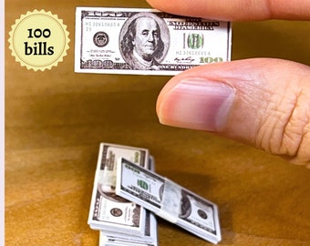 Dollhouse Craft Supplies | 1/6 Dollhouse Miniature Money | 100 dollar bills, 5 stacks (100 individual bills) | Mini Money