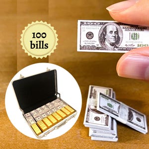Dollhouse Craft Supplies | 1/6 Dollhouse Miniature Money | 100 dollar bills, 5 stacks (100 individual bills) | Mini Money