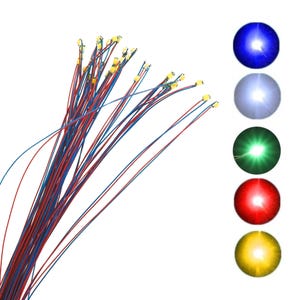 May include: A bundle of 20 LED lights with red and blue wires. The lights are yellow and come in a variety of colors, including blue, white, green, red, and yellow.