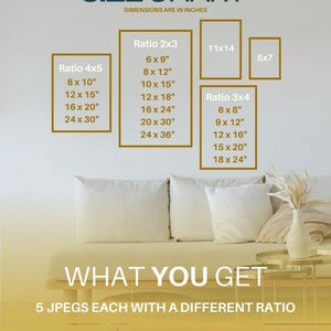 May include: A size chart with dimensions in inches, showcasing various frame ratios: 4x5, 2x3, 3x4, 11x14, and 5x7. The chart includes measurements like 8x10 inches, 12x15 inches, and 24x36 inches. Text states "WHAT YOU GET" and "5 JPEGS EACH WITH A DIFFERENT RATIO."