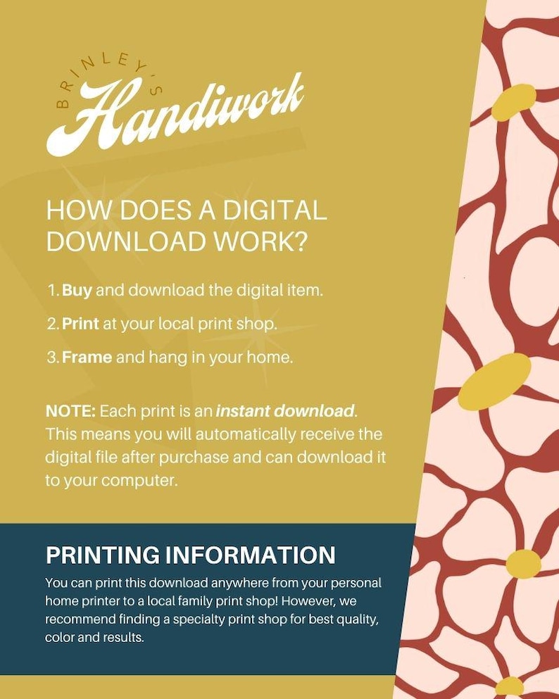 May include: A digital download information sheet with the text "Brinley's Handiwork". The sheet explains how digital downloads work, including buying, printing, and framing. It also provides printing information and features a floral design.