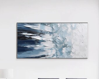 Pintura al óleo de textura 3D abstracta moderna pintura azul blanca original pintada a mano pintura personalizada dormitorio sala de estar decoración regalo para el hogar