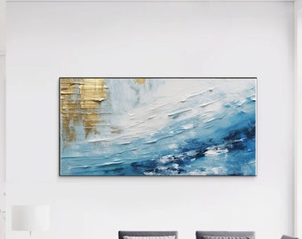 Original hand-painted customized oil painting abstract texture oil painting white blue gold oil painting living room bedroom decor home gift