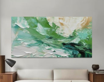 Original hand-painted textured oil painting green white oil painting abstract textured painting living room office bedroom decor home gift