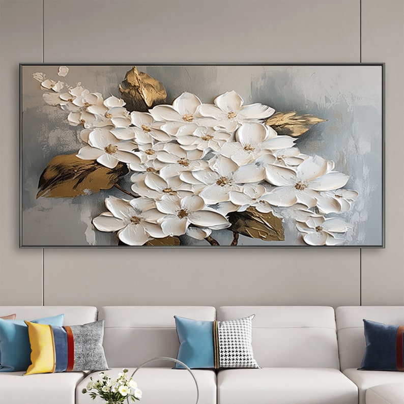 Large 3D White Floral Oil Painting on Canvas,floral Palette Knife Art ...