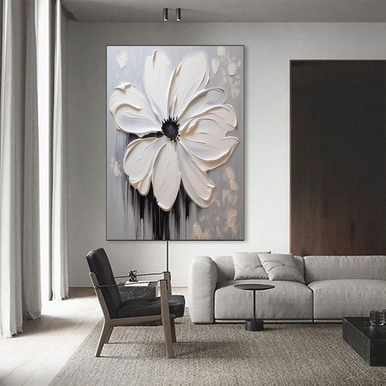 Abstract 3D White Flower Oil Painting on Canvas,minimalist White Flower ...