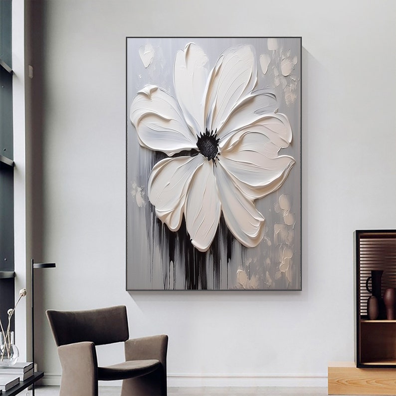 Abstract 3D White Flower Oil Painting on Canvas,minimalist White Flower ...