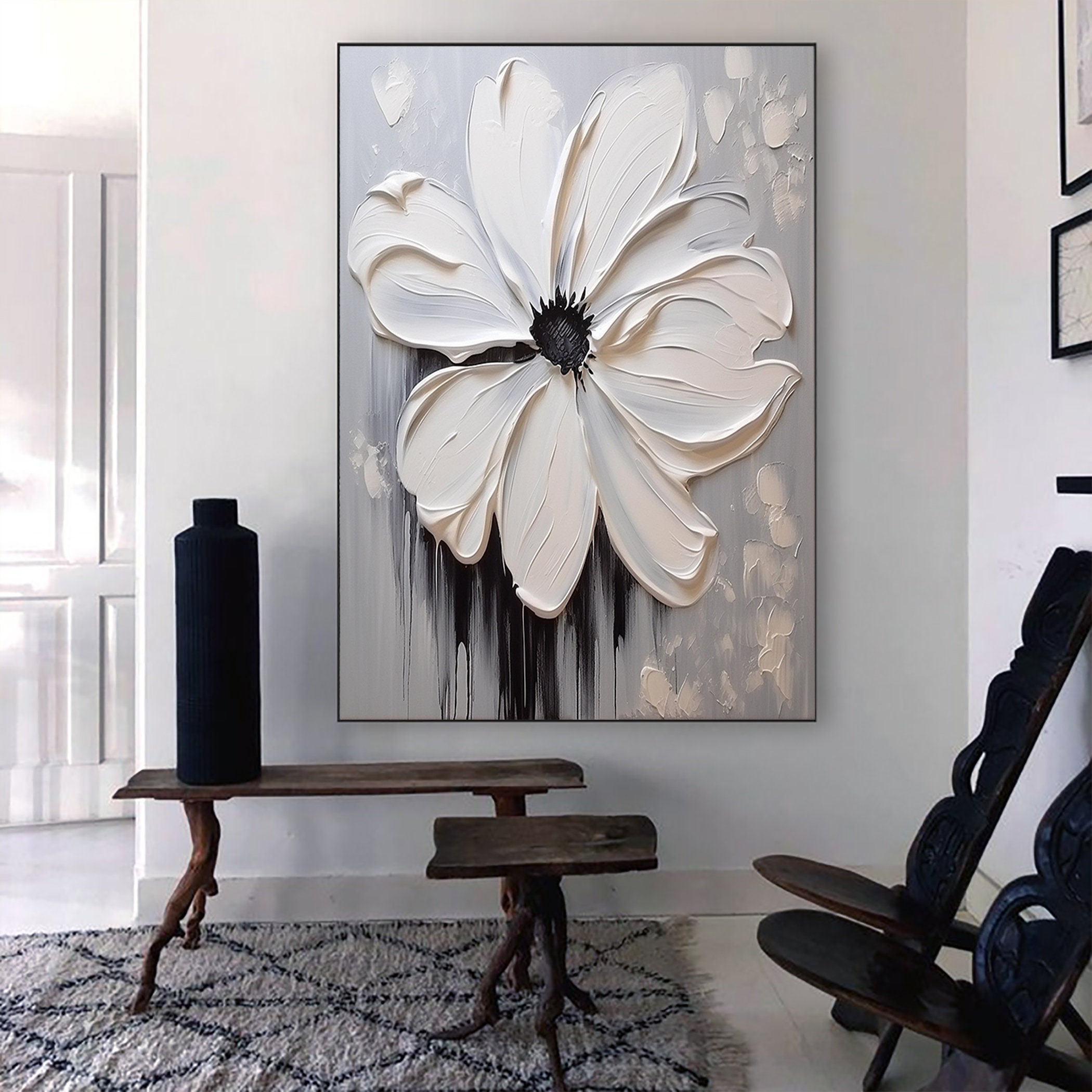 Abstract 3D White Flower Oil Painting on Canvas,minimalist White Flower ...