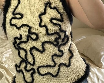 Handmade Unisex Oversized Top, Black and Cream Top, Y2K Outfit, Street Style, Handmade Knitwear