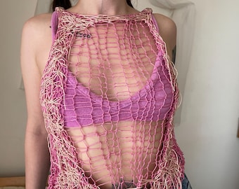Handmade Knit Top, Pink and Powder, Stretchy Yarn, S M Size, Festival Outfit, Fairycore Aesthetic, Handknit Top, Unique Pieces