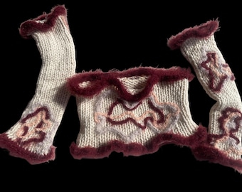 Handmade Y2K Grunge Strapless Top and Arm Warmers Set, Cream Burgundy Lilac Pink, Stretchy Knitwear, XS-S Size, Fairycore Aesthetic