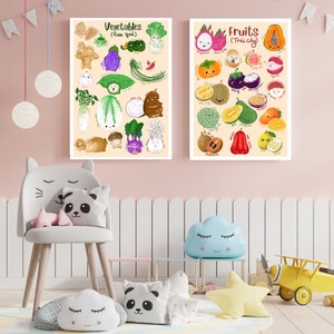 Kawaii Asian Fruits and Veggies Art Print – English & Vietnamese Labels | Whimsical 12x18 Watercolor Illustration for Nurseries and Playroom