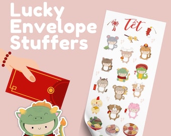 Li Xi (Lucky Envelope) Stuffers! Perfectly Sized Sticker Sheet and Cute Year of the Dragon Die Cut Sticker Set | Tet/Lunar New Year Gift