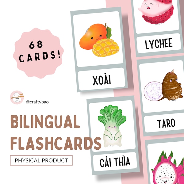 Fruits and Veggies Bilingual Flash Card Set (68 Cards) - English & Vietnamese Learning | Kawaii Educational Toys for Kids | Physical Product