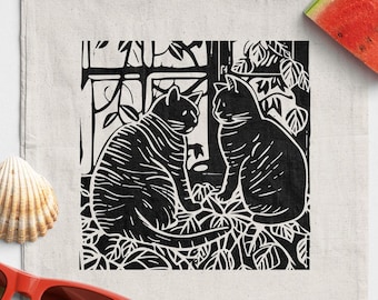 Two Cats by the Window – Black and White Linocut Vector Art. DIY. Woodblock Carving, Sublimation, Cricut, Laser