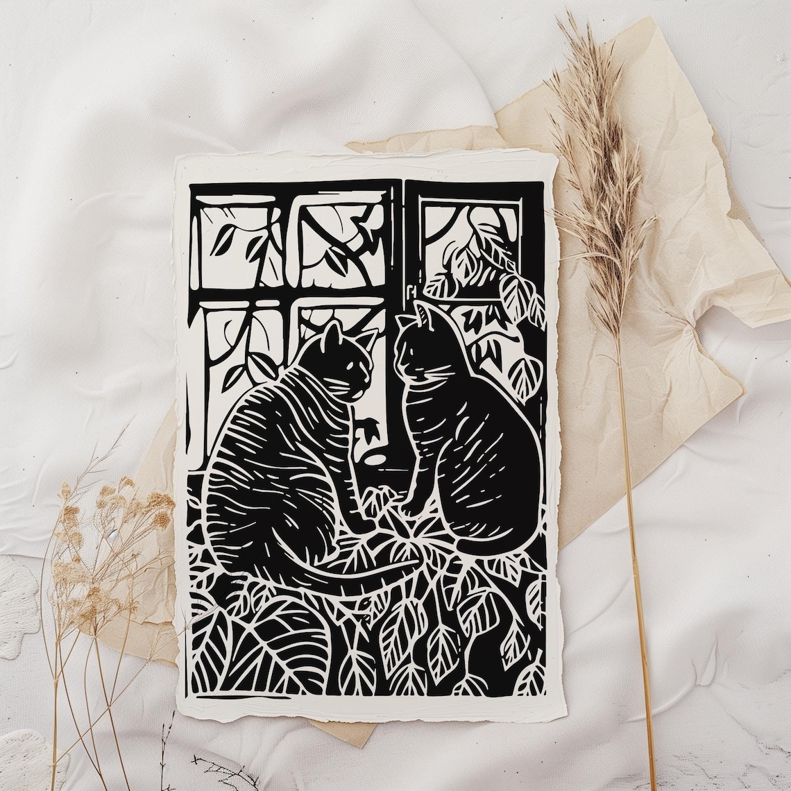Linocut Window Two Cats by the Window – Black and White Linocut Vector Art. DIY ...