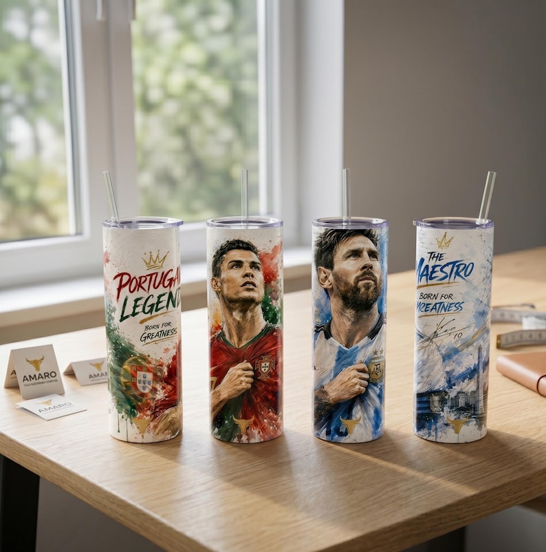 May include: Four cylindrical tumblers with straws featuring soccer-themed graphics. Two tumblers display portraits of soccer players in red and blue jerseys, while the others feature text including "Portugal Legend" and "The Maestro Born for Greatness."
