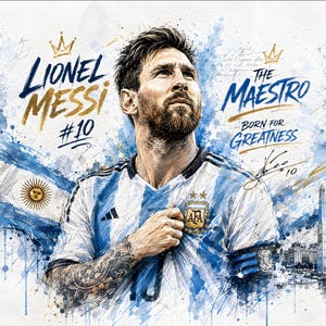 May include: A watercolor-style illustration of Lionel Messi wearing an Argentina soccer jersey with the text Lionel Messi #10, The Maestro, and Born for Greatness. The artwork features blue and gold paint splatters, a crown, and a signature.