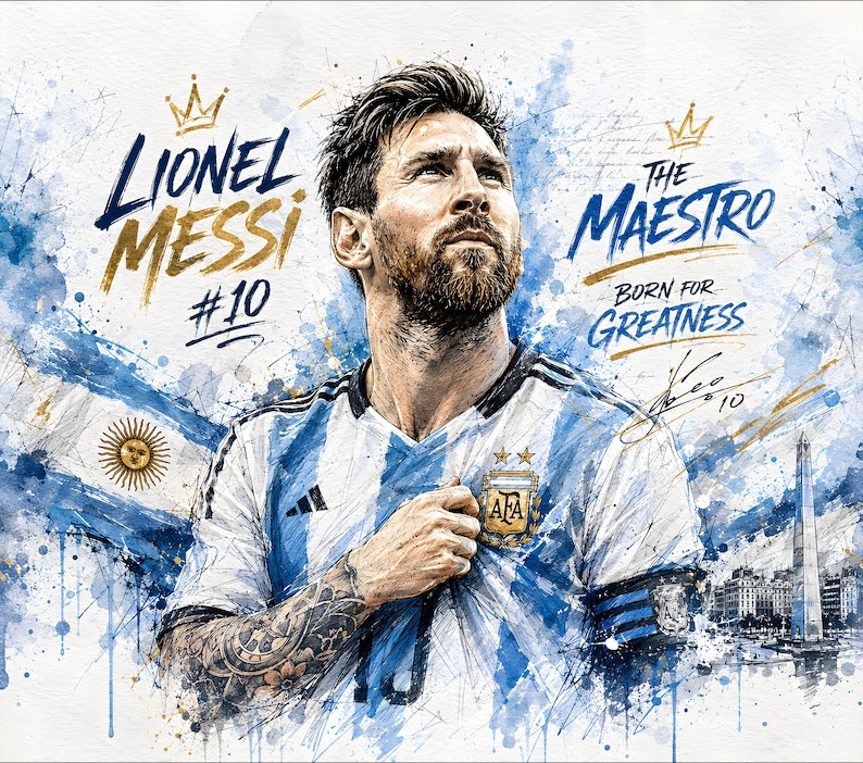 May include: A watercolor-style illustration of Lionel Messi wearing an Argentina soccer jersey with the text Lionel Messi #10, The Maestro, and Born for Greatness. The artwork features blue and gold paint splatters, a crown, and a signature.