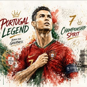 May include: A watercolor-style illustration of Cristiano Ronaldo wearing a red Portugal soccer jersey with the number 7. The text reads Portugal Legend, Born for Greatness, and Championship Spirit, featuring the Portuguese flag and a tower.