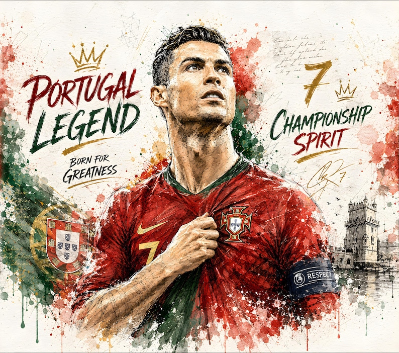 May include: A watercolor-style illustration of Cristiano Ronaldo wearing a red Portugal soccer jersey with the number 7. The text reads Portugal Legend, Born for Greatness, and Championship Spirit, featuring the Portuguese flag and a tower.