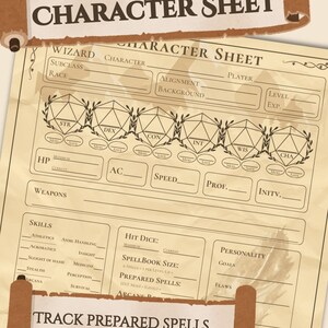May include: A beige paper Wizard Character Sheet featuring fields for attributes, skills, and spells. The top scroll reads WIZARD CHARACTER SHEET and the bottom scroll reads TRACK PREPARED SPELLS, FEATURES, & MORE. It includes six 20-sided dice icons.