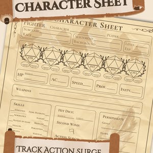 May include: A beige Fighter character sheet for tabletop role-playing games featuring a parchment-style background. The document includes fields for character stats, skills, and abilities, with six 20-sided dice icons labeled STR, DEX, CON, INT, WIS, and CHA.