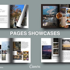 Peut inclure: Une maquette de magazine de voyage pr&eacute;sentant diff&eacute;rentes destinations. Les pages pr&eacute;sentent des photos de Paris, Hong Kong, Surabaya et d'autres lieux. Le magazine a un design moderne avec un fond blanc et du texte noir.
