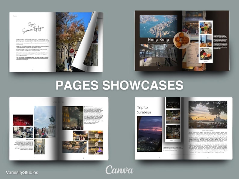Peut inclure: Une maquette de magazine de voyage pr&eacute;sentant diff&eacute;rentes destinations. Les pages pr&eacute;sentent des photos de Paris, Hong Kong, Surabaya et d'autres lieux. Le magazine a un design moderne avec un fond blanc et du texte noir.