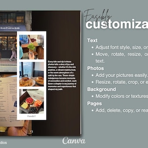 Peut inclure: Un collage de photos mettant en sc&egrave;ne une boulangerie avec des p&acirc;tisseries, du caf&eacute; et un caf&eacute; en bord de mer. Le texte "Easibly customizable" est affich&eacute; en grande police. Sous le texte, des puces d&eacute;crivent les fonctionnalit&eacute;s de l'application Canva, notamment le texte, les photos, l'arri&egrave;re-plan et les pages.
