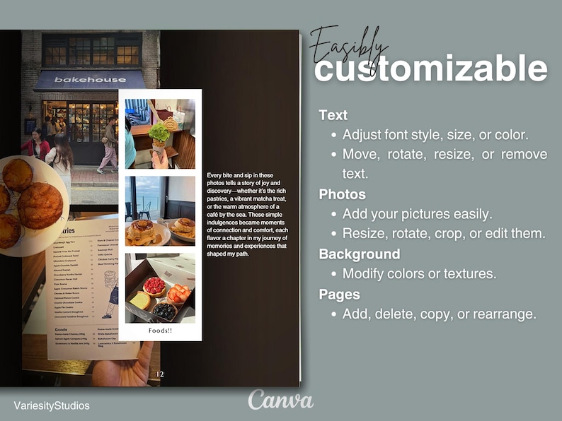 Peut inclure: Un collage de photos mettant en sc&egrave;ne une boulangerie avec des p&acirc;tisseries, du caf&eacute; et un caf&eacute; en bord de mer. Le texte "Easibly customizable" est affich&eacute; en grande police. Sous le texte, des puces d&eacute;crivent les fonctionnalit&eacute;s de l'application Canva, notamment le texte, les photos, l'arri&egrave;re-plan et les pages.