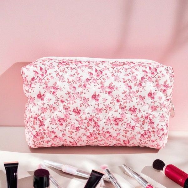 Floral Makeup Bag, Quilted Cotton Cosmetic Bag, Personalized Name Cosmetic Bag, Toiletry Bag Women, Makeup Bag, Snack Bag Pouch Travel Bag