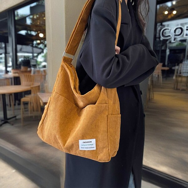 Sac fourre-tout en velours côtelé, sac à bandoulière marron, sac bandoulière simple et tendance, grand sac à main, sac de transport décontracté, sac à bandoulière vintage