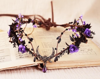 Black Crown Fairy Circlet Woodland  Elven Wedding Tiara Witch Moon Headpiece Gothic Dark Purple Flower Headband Bridal Women Fantasy Circlet