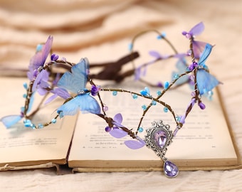 Fairy Crown Butterfly Elven Headpiece, Woodland Wedding Tiara, Forest Elvish Blue Purple Circlet Bridal Crown for Her Photo Shoot Head Dress