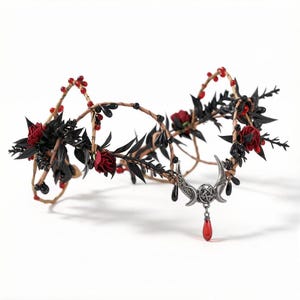 Tiara de boda Rosa Negra: Tocado de corona de bruja de la luna élfica
